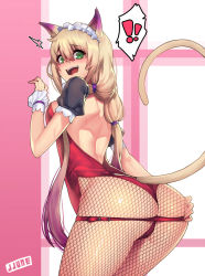 Rule 34 | !, 1girl, @ @, animal ears, ass, backless outfit, bad id, bad pixiv id, black pantyhose, blonde hair, cat ears, cat tail, fishnet pantyhose, fishnets, gradient background, green eyes, highleg, highleg leotard, jjune, kittysuit, leotard, long hair, looking at viewer, low twintails, maid headdress, nontraditional playboy bunny, open mouth, original, pantyhose, puffy short sleeves, puffy sleeves, rei no himo, short sleeves, solo, spoken exclamation mark, striped, striped background, sweat, tail, twintails, very long hair, wrist cuffs