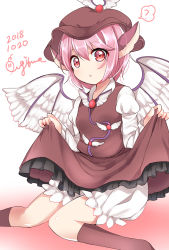 Rule 34 | 1girl, ?, animal ears, bird ears, bird wings, bloomers, blush, brown dress, brown hat, brown socks, clothes lift, dated, dress, dress lift, frilled dress, frills, hair between eyes, hat, highres, juliet sleeves, lifted by self, long sleeves, mystia lorelei, ougi hina, parted lips, pink hair, puffy sleeves, red eyes, short hair, signature, socks, solo, spoken question mark, touhou, underwear, white bloomers, white wings, winged hat, wings