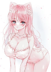 Rule 34 | 1girl, animal ear fluff, animal ears, bad id, bad twitter id, bare shoulders, blush, bow, bow bra, bow panties, bra, breasts, cleavage, collarbone, commentary, grey eyes, hair ornament, heart, heart hair ornament, highres, large breasts, leaning forward, long hair, looking at viewer, navel, original, panties, parted lips, pink hair, simple background, solo, symbol-only commentary, tandohark, underwear, very long hair, white background, white panties