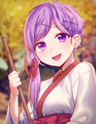 Rule 34 | 1girl, :d, ai kusunoki, alternate costume, alternate hairstyle, blurry, blurry background, bow, broom, day, eyeshadow, hair ornament, hair ribbon, hairclip, holding, holding broom, japanese clothes, kimono, lips, long hair, looking at viewer, makeup, miko, open mouth, outdoors, parted bangs, purple eyes, purple hair, red bow, red ribbon, ribbon, short hair with long locks, side ponytail, smile, solo, tree, upper body, vocaloid, voiceroid, white kimono, yuzuki yukari