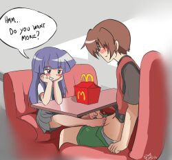 1boy 1girl barefoot blue_eyes blue_hair blush drawskeiichi feet footjob furude_rika grin highres higurashi_no_naku_koro_ni long_hair maebara_keiichi mcdonald&#039;s smile toes under_table