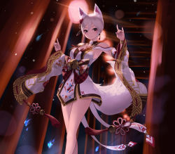 Rule 34 | 1girl, animal ear fluff, animal ears, breasts, cait aron, commentary request, dress, earrings, facial mark, feet out of frame, fox ears, fox shadow puppet, fox tail, hitodama, idolmaster, idolmaster cinderella girls, jewelry, looking at viewer, medium breasts, night, no panties, ribbon, shiomi syuko, short hair, silver hair, smile, solo, tail, tassel, torii