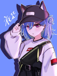 Rule 34 | 1girl, :o, adjusting clothes, adjusting headwear, animal ear headwear, animal ears, baseball cap, belt, black belt, black hat, black shorts, blue background, blue hair, blush, commentary request, cowboy shot, double bun, drop shadow, expressionless, fake animal ears, flat chest, green hair, hair between eyes, hair bun, hat, hat fangs, high-waist shorts, highres, long bangs, long sleeves, looking at viewer, mole, mole under eye, multicolored hair, nanashi inc., official alternate costume, open mouth, outline, pink eyes, salmon231, short hair, shorts, simple background, single strap, solo, suzumi nemo, suzumi nemo (2nd costume), sweater, two-tone hair, virtual youtuber, white outline, white sweater