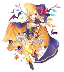 Rule 34 | 1girl, :d, alternate costume, ankle boots, bag, bat (animal), black footwear, black skirt, blonde hair, blush, boots, bow, candy, candy wrapper, cape, checkerboard cookie, claw pose, cookie, crystal, fang, flandre scarlet, food, full body, ghost, gingerbread man, gloves, grey gloves, halloween, hand up, handbag, hat, hat bow, heart, high-waist skirt, high heel boots, high heels, jack-o&#039;-lantern, lollipop, looking at viewer, one side up, open mouth, outstretched arm, paragasu (parags112), petticoat, red bow, red eyes, shirt, shoulder bag, simple background, skirt, sleeveless, sleeveless shirt, smile, solo, star (symbol), striped clothes, striped thighhighs, swirl lollipop, thighhighs, touhou, vertical-striped clothes, vertical-striped thighhighs, white background, white shirt, wings, witch hat, wrapped candy, yellow thighhighs, zettai ryouiki
