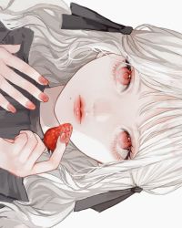 Rule 34 | 1girl, albino, black ribbon, blunt bangs, close-up, exif rotation, food, fruit, grey shirt, highres, holding, holding food, holding fruit, lipstick, long hair, looking to the side, makeup, nail polish, open hand, original, pale skin, portrait, red eyes, red lips, red nails, ribbon, rotated, shirt, sidelocks, simple background, solo, strawberry, white background, white hair, you (yo 865)