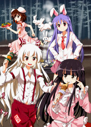 Rule 34 | &gt; &lt;, 4girls, :3, animal ears, bamboo, bamboo forest, black hair, brown hair, rabbit, dress, dress shirt, closed eyes, female focus, finger to face, food, forest, fujiwara no mokou, grey eyes, grill, grin, hand on shoulder, hands on own hips, houraisan kaguya, inaba tewi, meat, multiple girls, mushroom, nature, necktie, ofuda, onion, open mouth, pants, pink dress, plate, purple hair, rabbit ears, red eyes, reisen udongein inaba, running, ruu (tksymkw), sausage, shirt, silver hair, smile, stick, suspenders, touhou