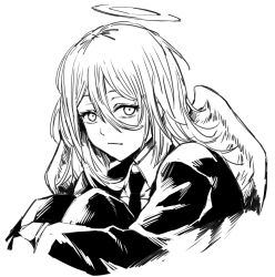 Rule 34 | 1boy, androgynous, angel, angel devil, artist request, black suit, chainsaw man, formal, greyscale, hair between eyes, halo, knees to chest, long hair, monochrome, simple background, suit, white background, wings