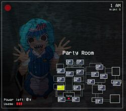 Rule 34 | 1girl, black eyes, blue dress, blue hair, blue hat, commentary, dress, empty eyes, english commentary, five nights at freddy&#039;s, from above, full body, grey background, hair between eyes, hair intakes, hat, hatsune miku, highres, long hair, looking at viewer, medium bangs, mesmerizer (vocaloid), open mouth, paper chain, puffy short sleeves, puffy sleeves, security camera, sharp teeth, short sleeves, smile, solo, static, striped clothes, striped dress, tchairss, teeth, tongue, tongue out, twintails, vertical-striped clothes, vertical-striped dress, visor cap, vocaloid, waving