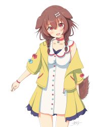 Rule 34 | 1girl, :d, animal collar, animal ears, blush, bone hair ornament, braid, brown eyes, brown hair, collar, collarbone, cowboy shot, dog ears, dog girl, dog tail, dress, hair between eyes, hair ornament, hair over shoulder, hairclip, highres, hololive, inugami korone, inugami korone (1st costume), jacket, long hair, looking at viewer, low twin braids, open clothes, open jacket, open mouth, pilolimaru, red collar, shadow, short dress, side braids, sidelocks, signature, simple background, sleeveless, sleeveless dress, smile, tail, twin braids, virtual youtuber, white background, white dress, yellow jacket
