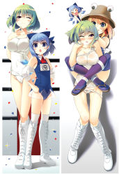Rule 34 | 3girls, :q, adapted costume, alternate costume, amanooni touri, bad id, bad pixiv id, bare shoulders, blonde hair, blue eyes, blue hair, blush, boots, bow, breasts, breath, circled 9, cirno, confetti, cross-laced footwear, elbow pads, frown, green hair, hair bow, hands on own hips, hat, headlock, kazami yuuka, lace-up boots, large breasts, legs, licking lips, moriya suwako, multiple girls, off shoulder, one-piece swimsuit, one eye closed, pigeon-toed, purple eyes, purple thighhighs, sandals, school swimsuit, school swimsuit flap, see-through, sweat, swimsuit, thigh gap, thighhighs, tongue, tongue out, touhou, wavy mouth, wet, wet clothes, white one-piece swimsuit, white school swimsuit, wince, wink, wrestling, wrestling outfit, wrestling ring