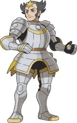 Rule 34 | 1boy, armor, armored boots, artist request, belt, black bodysuit, blue eyes, bodysuit, boots, breastplate, brown hair, creatures (company), elite four, full armor, full body, game freak, gauntlets, greaves, grey footwear, hair ornament, half-closed eyes, hands up, holding, holding poke ball, looking to the side, male focus, nintendo, official art, poke ball, pokemon, pokemon xy, short hair, shoulder armor, simple background, solo, standing, star (symbol), star hair ornament, transparent background, wikstrom (pokemon)