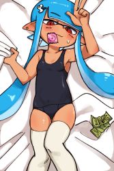 Rule 34 | 1girl, bed sheet, black one-piece swimsuit, blunt bangs, blush, breasts, closed mouth, commentary, condom, condom in mouth, earrings, hair ornament, highres, inkling, inkling girl, inkling player character, jewelry, lakilolom, long hair, looking at viewer, lying, money, mouth hold, nintendo, on back, one-piece swimsuit, pointy ears, red eyes, school swimsuit, sheet grab, small breasts, smile, solo, splatoon (series), splatoon 1, swimsuit, tentacle hair, thigh gap, thighhighs, thighs, white thighhighs