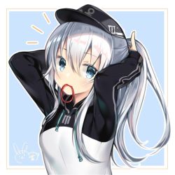 Rule 34 | 1girl, alternate hairstyle, black hat, blue background, blue eyes, haiba 09, hair between eyes, hat, hibiki (kancolle), kantai collection, long hair, long sleeves, looking at viewer, mouth hold, ponytail, silver hair, solo, sweater, two-tone background, tying hair, upper body, white background