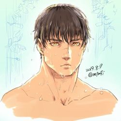 Rule 34 | 1boy, berserk, black hair, bruise, bruise on face, close-up, enaki (mtmti), guts (berserk), hand on another&#039;s chin, injury, looking at viewer, male focus, messy hair, muscular, portrait, pov, scar, short hair, solo, topless male, upper body, wet, wet hair, yellow eyes