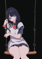 Rule 34 | 1girl, absurdres, black hair, black skirt, blue eyes, bow, breasts, defaultkavy, gridman universe, gridman universe (film), highres, holding, long hair, looking at viewer, park, playground, school uniform, shirt, sitting, skirt, small breasts, solo, swing, swing set, takarada rikka, thick thighs, thighs