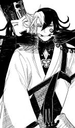2boys, adapted costume, annoyed, ashiya douman (fate), asymmetrical hair, bags under eyes, bell, black eyes, black hair, black headwear, black nails, black skin, bullying, colored skin, crying, curly hair, dark persona, earrings, eyelashes, fangs, fate/grand order, fate (series), forced smile, green kimono, hair bell, hair between eyes, hair intakes, hair ornament, hat, heian, highres, japanese clothes, jewelry, kimono, long hair, magatama, magatama earrings, monochrome, multicolored hair, multiple boys, nail polish, official alternate costume, onmyouji, pulling, simple background, tate eboshi, traditional clothes, two-tone hair, upset, very long hair, white hair, y ahyahyah