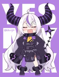 Rule 34 | 1girl, ahoge, black coat, blush, blush stickers, braid, chibi, closed eyes, coat, collar, commentary, demon horns, english commentary, facing viewer, fang, female focus, french braid, full body, hair between eyes, highres, hololive, holox, horns, kukie-nyan, la+ darknesss, long hair, metal collar, multicolored hair, open mouth, pointy ears, purple background, purple hair, purple thighhighs, silver hair, simple background, single braid, single thighhigh, skin fang, sleeves past fingers, sleeves past wrists, solo, streaked hair, striped horns, thighhighs, twitter username, two-tone hair, virtual youtuber