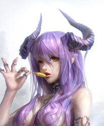 Rule 34 | 1girl, breasts, brown eyes, candy, coldrim, food, horns, image sample, jewelry, large breasts, original, purple hair, ring, solo