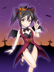 Rule 34 | 10s, 1girl, bare legs, bat wings, black hair, bow, bowtie, detached collar, halloween, hat, highleg, highleg leotard, jack-o&#039;-lantern, leg up, leotard, long hair, love live!, love live! school idol project, masakichi (crossroad), nontraditional playboy bunny, playboy bunny, red eyes, smile, solo, standing, standing on one leg, top hat, twintails, vest, wings, wrist cuffs, yazawa nico
