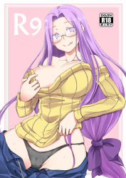 Rule 34 | 1girl, :p, bare shoulders, black panties, breasts, cameltoe, fate/stay night, fate (series), glasses, hair ribbon, long hair, looking at viewer, low-tied long hair, medusa (fate), medusa (rider) (fate), panties, pink background, purple eyes, purple hair, ribbed sweater, ribbon, solo, square pupils, sweater, tongue, tongue out, underwear, very long hair, zanku