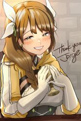 Rule 34 | 1girl, absurdres, black corset, brown hair, commission, commissioner name, corset, fire emblem, fire emblem engage, goldmary (fire emblem), highres, hooded top, looking at viewer, low ponytail, misokatsuhaumai, nintendo, ribbon, solo, thank you, white ribbon, yellow eyes