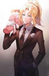 Rule 34 | 1girl, alternate costume, artist name, black jacket, black pants, blonde hair, braid, closed mouth, coattails, collared shirt, commentary request, cowboy shot, fate/grand order, fate (series), flower, formal, gloves, green eyes, grey flower, hand in pocket, hand up, highres, holding, jacket, koa (koa 124), long hair, long sleeves, looking at viewer, mordred (fate), mordred (fate/apocrypha), mordred (formal dress) (fate), necktie, pant suit, pants, ponytail, red flower, rose, shirt, smile, solo, suit, tuxedo, white gloves, white shirt