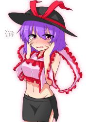 Rule 34 | 1girl, adapted costume, bare shoulders, black hat, black skirt, blush, contemporary, cowboy shot, crop top, embarrassed, flying sweatdrops, frills, groin, hands on own cheeks, hands on own face, hat, hat ribbon, highres, looking at viewer, midriff, miniskirt, nagae iku, navel, nose blush, one-hour drawing challenge, pencil skirt, pink eyes, purple hair, red ribbon, ribbon, shawl, short hair, side slit, skirt, sleeveless, solo, sumiya nadateru, sweat, tareme, touhou, wavy mouth, white background