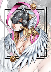 Rule 34 | 1girl, angel, angel girl, angewomon, damaged, digimoji, digimon, highres, mask, wings