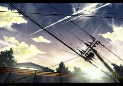 Rule 34 | bad id, bad pixiv id, building, cloud, cloudy sky, fence, house, letterboxed, louders, no humans, original, power lines, scenery, sky, window