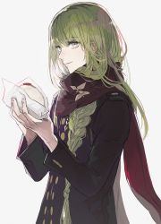 Rule 34 | 1other, androgynous, black coat, braid, closed mouth, coat, ebanoniwa, enkidu (fate), enpera, fate/grand order, fate (series), food, green hair, grey eyes, highres, holding, holding food, long hair, long sleeves, looking at viewer, red scarf, scarf, simple background, smile, white background