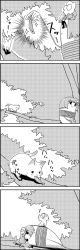 Rule 34 | 4koma, ?, ^^^, blunt bangs, bound, branch, cat, comic, commentary request, eating, fish, flower, food, greyscale, hair flower, hair ornament, hieda no akyuu, highres, holding, holding food, in tree, lying, monochrome, on person, on side, rope, short hair, silent comic, sitting, sitting in tree, smile, sparkle, tani takeshi, tied up (nonsexual), touhou, translation request, tree, trembling, turning head, yukkuri shiteitte ne