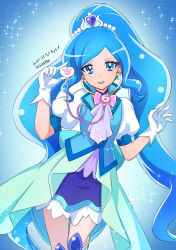 Rule 34 | 1girl, ascot, blue ascot, blue background, blue dress, blue eyes, blue footwear, blue theme, blue vest, cowboy shot, cure fontaine, dated, dress, earrings, eyebrows, forehead, gloves, hair ornament, healin&#039; good precure, heart, heart hair ornament, jewelry, long hair, looking at viewer, magical girl, messy hair, open mouth, pom pom (clothes), pom pom earrings, precure, sawaizumi chiyu, smile, solo, sparkle background, split ponytail, stethoscope, ultramarimo, very long hair, vest, white gloves