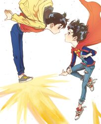 Rule 34 | 2boys, absurdres, atom (pluto), black hair, blue eyes, bodysuit, cape, character request, child, crossover, dc comics, denim, flying, gozerdor, highres, jacket, jeans, jonathan kent, leotard, looking at another, male focus, multiple boys, open mouth, pants, pluto (manga), pluto (tetsuwan atom), red footwear, red shirt, shirt, short hair, superboy, superhero costume, superman (series), torn clothes, torn jeans, torn pants, white background, yellow jacket