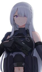 Rule 34 | 1girl, abs, absurdres, ak-15 (girls&#039; frontline), bare shoulders, blunt bangs, breasts, commentary, detached sleeves, earpiece, girls&#039; frontline, glowing, glowing eyes, gun, hair over one eye, handgun, highres, long hair, looking to the side, medium breasts, midriff, mp-443 grach, navel, pdw-caliber pistol, pistol, pouch, purple eyes, simple background, solo, tactical light, topgear, trigger discipline, upper body, weapon, white background, white hair