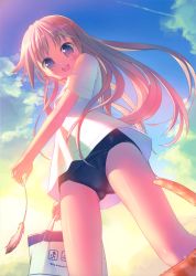 Rule 34 | 1girl, :d, absurdres, bag, blonde hair, blush, cat, cloud, day, from below, highres, holding, long hair, one-piece swimsuit, open mouth, original, scan, school swimsuit, sky, smile, solo, swimsuit, swimsuit under clothes, takoyaki (roast), yellow eyes