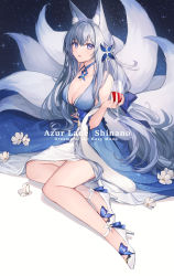 Rule 34 | 1girl, animal ear fluff, animal ears, azur lane, blue collar, blue dress, breasts, butterfly hair ornament, character name, cleavage, collar, coyucom, cup, cupping glass, dress, drinking glass, evening gown, feather boa, flower, hair ornament, halter dress, halterneck, high heels, highres, holding, holding cup, kitsune, kyuubi, large breasts, large tail, long hair, looking at viewer, multiple tails, purple eyes, shinano (azur lane), shinano (dreams of the hazy moon) (azur lane), silver hair, sleeveless, sleeveless dress, solo, tail, two-tone dress, very long hair, white dress, white flower, white footwear, white tail, wine glass