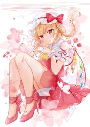 Rule 34 | 1girl, absurdres, ascot, bare legs, bare shoulders, blonde hair, bloomers, blush, bow, clothing cutout, commentary request, crystal, flandre scarlet, frilled shirt collar, frills, full body, hat, hat bow, head tilt, high heels, highres, knees up, long hair, looking at viewer, miniskirt, mob cap, moko (mokochisa), nail polish, one side up, own hands together, puffy short sleeves, puffy sleeves, red bow, red eyes, red footwear, red nails, red skirt, red vest, shirt, short sleeves, shoulder cutout, sitting, skirt, skirt set, smile, solo, steepled fingers, thighs, touhou, underwear, vest, white background, white bloomers, white hat, white shirt, wings, yellow ascot