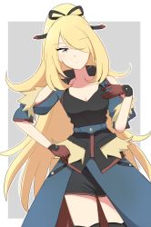 Rule 34 | 1girl, belt, black ribbon, black shirt, black shorts, blonde hair, border, breasts, brown gloves, cleavage, closed mouth, commentary request, creatures (company), cynthia (pokemon), cynthia (sygna suit) (aura) (pokemon), eyelashes, game freak, gloves, grey background, grey eyes, hair over one eye, hair ribbon, hand on own hip, hand up, highres, jacket, long hair, medium breasts, nintendo, official alternate costume, ohn pkmn, open clothes, open jacket, pokemon, pokemon masters ex, ribbon, shirt, shorts, skirt, solo, white border