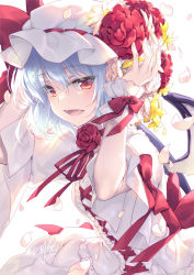 Rule 34 | 1girl, blue hair, bow, dress, falling petals, fang, fingernails, flower, hands up, hat, hat flower, highres, holding, looking away, motomiya mitsuki, open mouth, petals, pink flower, pink rose, red bow, red eyes, red flower, red ribbon, red rose, remilia scarlet, ribbon, rose, rose petals, short sleeves, signature, simple background, solo, touhou, white background, white dress, wings, wrist cuffs