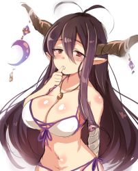 Rule 34 | 10s, 1girl, bandaged arm, bandages, bikini, black hair, blush, breasts, cleavage, danua, draph, female focus, finger to mouth, granblue fantasy, horn ornament, horns, jewelry, large breasts, long hair, necklace, paragasu (parags112), pendant, pointy ears, red eyes, simple background, solo, swimsuit, very long hair, white background, white bikini