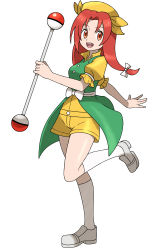 Rule 34 | absurdres, asatsuki (fgfff), bow, green vest, happy, highres, leg up, looking at viewer, open mouth, orange (touhou), parted bangs, poke ball, puffy short sleeves, puffy sleeves, red eyes, red hair, shirt, short sleeves, shorts, standing, standing on one leg, touhou, touhou (pc-98), vest, white bow, white footwear, white legwear, white shirt, white shorts, yellow headwear