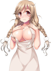 Rule 34 | 1girl, absurdres, apron, blush, braid, breasts, brown eyes, closed mouth, collarbone, hair between eyes, highres, kantai collection, large breasts, light brown hair, long hair, minegumo (kancolle), naked apron, no bra, pom pom (clothes), ruin re birth, simple background, solo, swept bangs, twin braids, white apron, white background