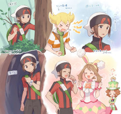 Rule 34 | &gt; &lt;, 1girl, 3boys, :d, animal ears, arrow (symbol), backpack, bag, barry (pokemon), beanie, blonde hair, blush, bracelet, brendan (pokemon), brown eyes, brown hair, brown pants, burgh (pokemon), burgh (spring 2021) (pokemon), bush, choker, clenched hands, closed eyes, closed mouth, commentary request, creatures (company), eyelashes, fake animal ears, game freak, gen 2 pokemon, green bag, green headwear, green pants, green scarf, hairband, hands up, hat, hiding, highres, holding, holding stick, holding strap, jacket, jewelry, may (pokemon), may (spring 2021) (pokemon), multiple boys, musical note, nintendo, official alternate costume, on head, open mouth, pants, pink choker, pink skirt, pokemon, pokemon (creature), pokemon dppt, pokemon masters ex, pokemon on head, pokemon oras, rabbit ears, scarf, short hair, short sleeves, skirt, smile, stick, tailcoat, togepi, tongue, translation request, tree, turtleneck, white headwear, wrist cuffs, yairo (sik s4), yellow hairband, zipper pull tab, |d