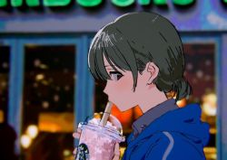 Rule 34 | 1girl, blue jacket, blurry, blurry background, brown eyes, character request, check character, coffee, collared shirt, cup, drinking, drinking straw, green hair, grey shirt, hand up, holding, holding cup, hood, hood down, idolmaster, idolmaster shiny colors, jacket, kakeami, light blush, lights, looking at viewer, low ponytail, nanakusa nichika, nape, outdoors, portrait, product placement, profile, shirt, short hair, short ponytail, solo, starbucks