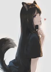 Rule 34 | 1girl, animal ears, black hair, black nails, black shirt, blunt bangs, caidychen, closed mouth, finger to own chin, fox ears, fox girl, fox tail, from side, grey background, heart, highres, index finger raised, long hair, looking away, nail polish, original, purple eyes, shirt, short sleeves, simple background, sketch, smile, solo, tail, teeth, upper teeth only, wolf ears, wolf tail