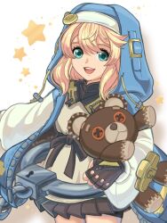 1boy androgyne_symbol bike_shorts_under_skirt blonde_hair blue_eyes bridget_(guilty_gear) cuffs fingerless_gloves gloves guilty_gear guilty_gear_strive handcuffs holding holding_stuffed_toy hood hood_up hooded_jacket hoodie jacket looking_at_viewer male_focus mars_symbol nun open_clothes open_hoodie pale_skin simple_background star_(symbol) stuffed_animal stuffed_toy suruga_kanade teddy_bear trap white_background