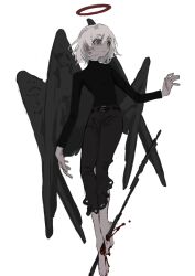 Rule 34 | 1other, barefoot, belt, black sweater, black wings, blood, empty eyes, end80236189, full body, halo, highres, impaled, long sleeves, multiple wings, original, short hair, sweater, turtleneck, turtleneck sweater, white background, white hair, wings