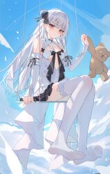 Rule 34 | 1girl, above clouds, absurdres, black bow, black ribbon, blue sky, bow, breasts, character request, cleavage, clothing cutout, cloud, commentary request, day, detached sleeves, dress, hair ornament, hair ribbon, highres, holding, holding stuffed toy, long hair, looking at viewer, original, purple eyes, ribbon, sitting, sky, small breasts, solo, stuffed animal, stuffed toy, swing set, teddy bear, thighhighs, toes, underboob, very long hair, white dress, white hair, white thighhighs, xiao lin jiu