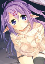 Rule 34 | 1girl, black thighhighs, blush, breasts, cleavage cutout, clothing cutout, elf, hair between eyes, hair ornament, hairclip, large breasts, long hair, looking at viewer, meme attire, open-chest sweater, original, oruto (ort+), pointy ears, purple eyes, purple hair, ribbed sweater, single thighhigh, solo, sweater, thighhighs, turtleneck, two side up