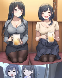 Rule 34 | 2girls, alcohol, beer, beer mug, black hair, black pantyhose, black skirt, blush, breasts, brown shirt, cleavage, closed eyes, collared shirt, commentary request, cup, grey eyes, grey shirt, highres, jewelry, kneeling, large breasts, long hair, long sleeves, looking at another, mug, multiple girls, necklace, office lady, open mouth, original, pantyhose, shirt, shirt tucked in, short sleeves, shougun (chuckni1), skirt, smile